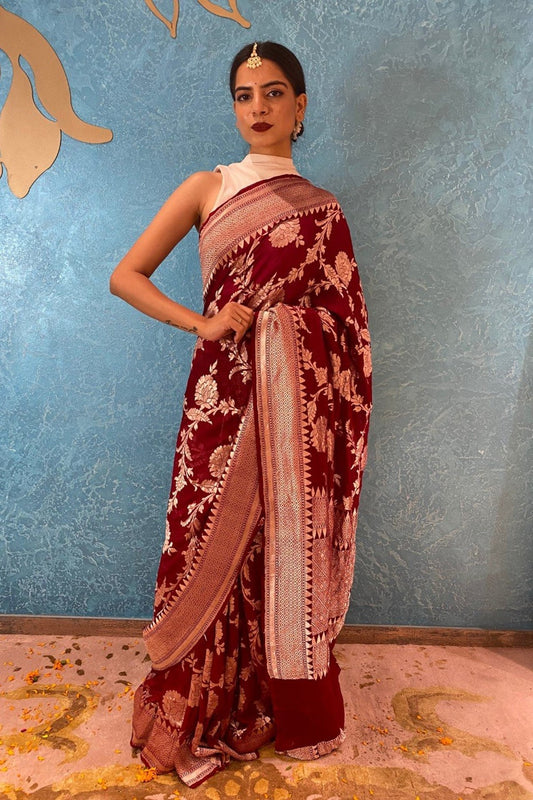 Woven maroon saree with floral jaal and bouse