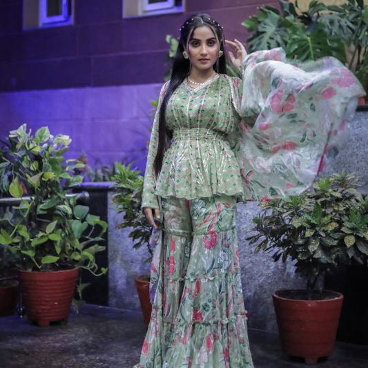 Stylish Green Peplum Top and Sharara Set