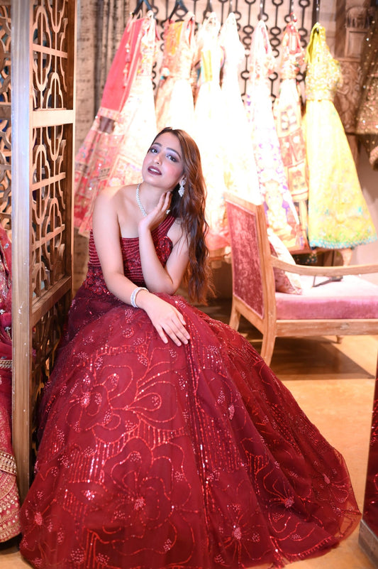 trendy red color floral motif dress