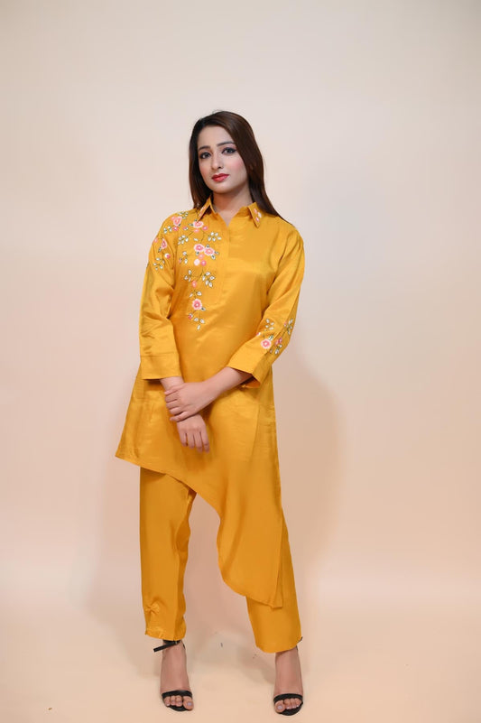 Mustard Yellow Silk Blend Dress with Elegant Thread Work & Shimmering Moti Details
