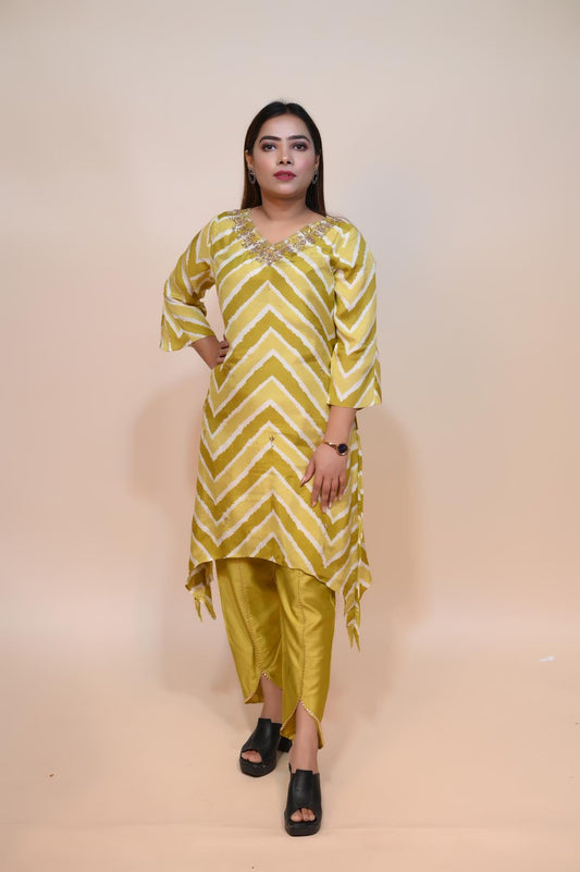 Yellow Muslin Suit with Intricate Dabka, Sequins, and Thread Knot Embellishments