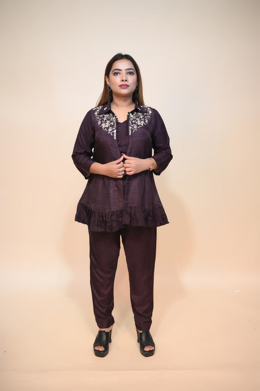 Wine Raw Silk Corset with Gota, Cut Dana, and Pearls | Handcrafted Elegance