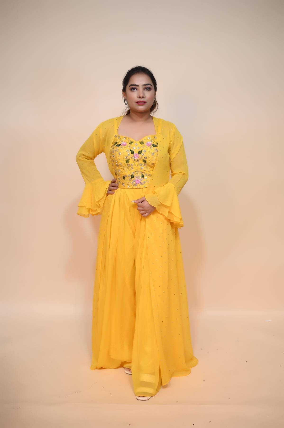 Glamorous Yellow Silk Blend Dress with Sequins, Thread Work, and Resham