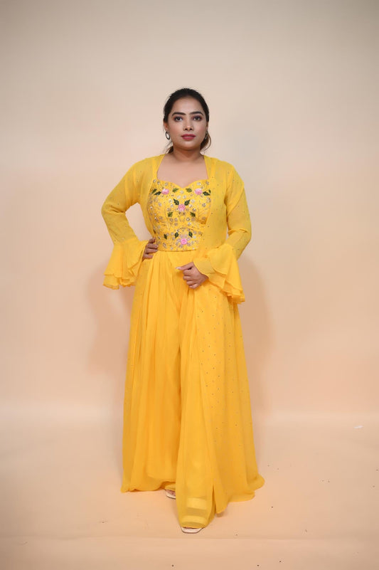 Glamorous Yellow Silk Blend Dress with Sequins, Thread Work, and Resham
