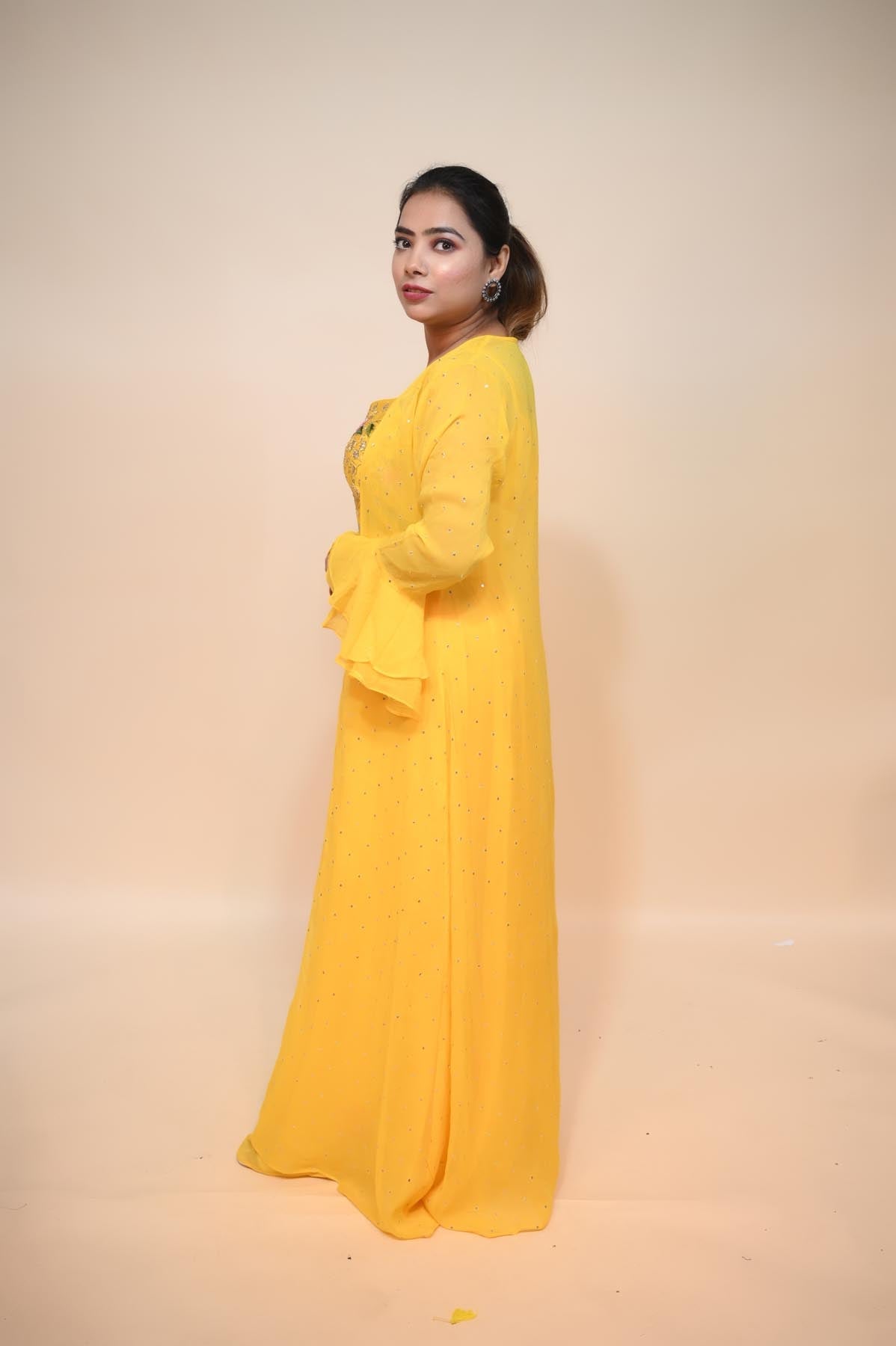 Glamorous Yellow Silk Blend Dress with Sequins, Thread Work, and Resham