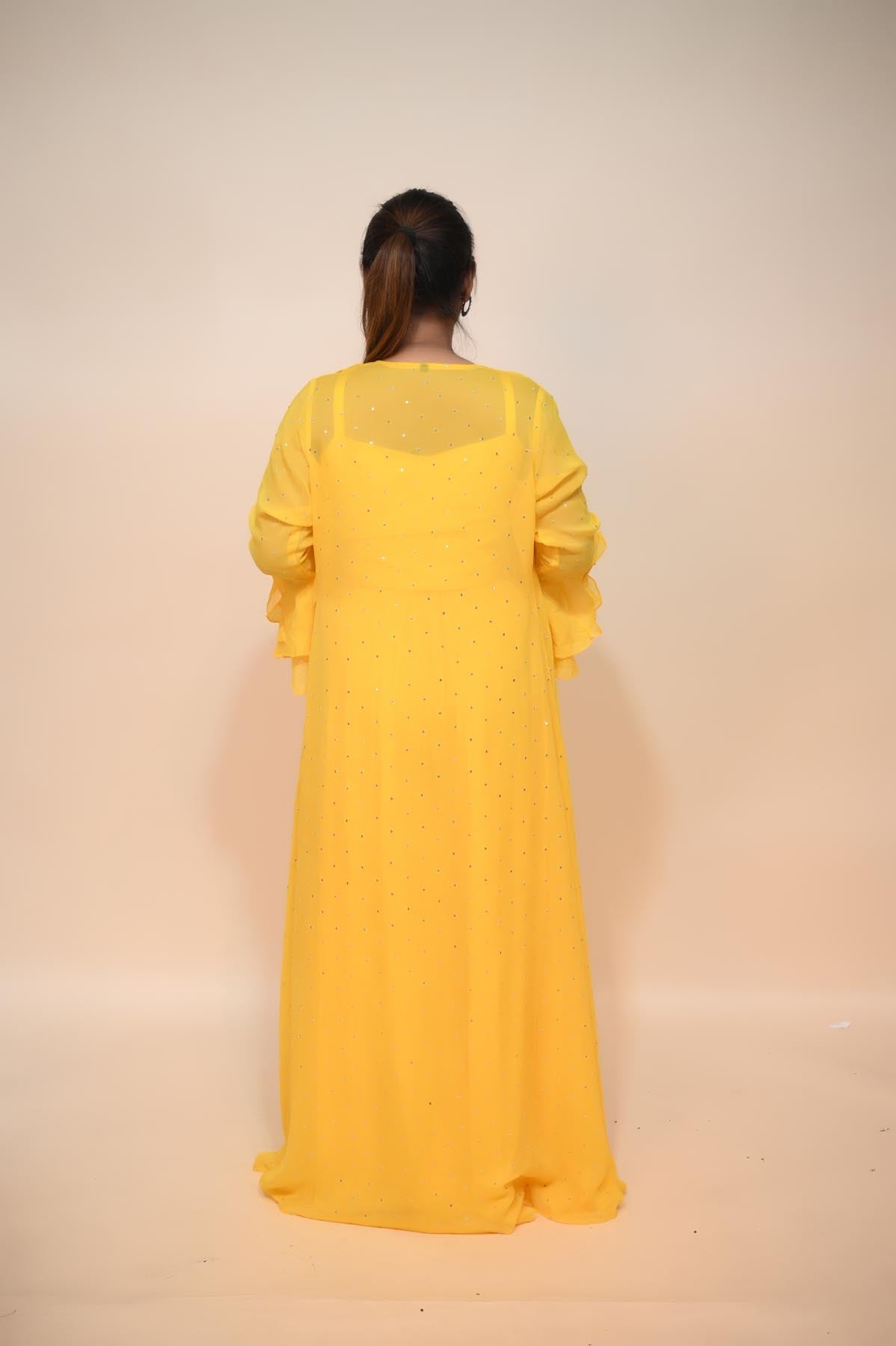Glamorous Yellow Silk Blend Dress with Sequins, Thread Work, and Resham