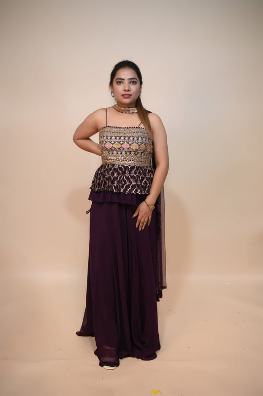 Glamorous Wine Georgette Dress with Sequins, Thread Work, and Zari Embellishments