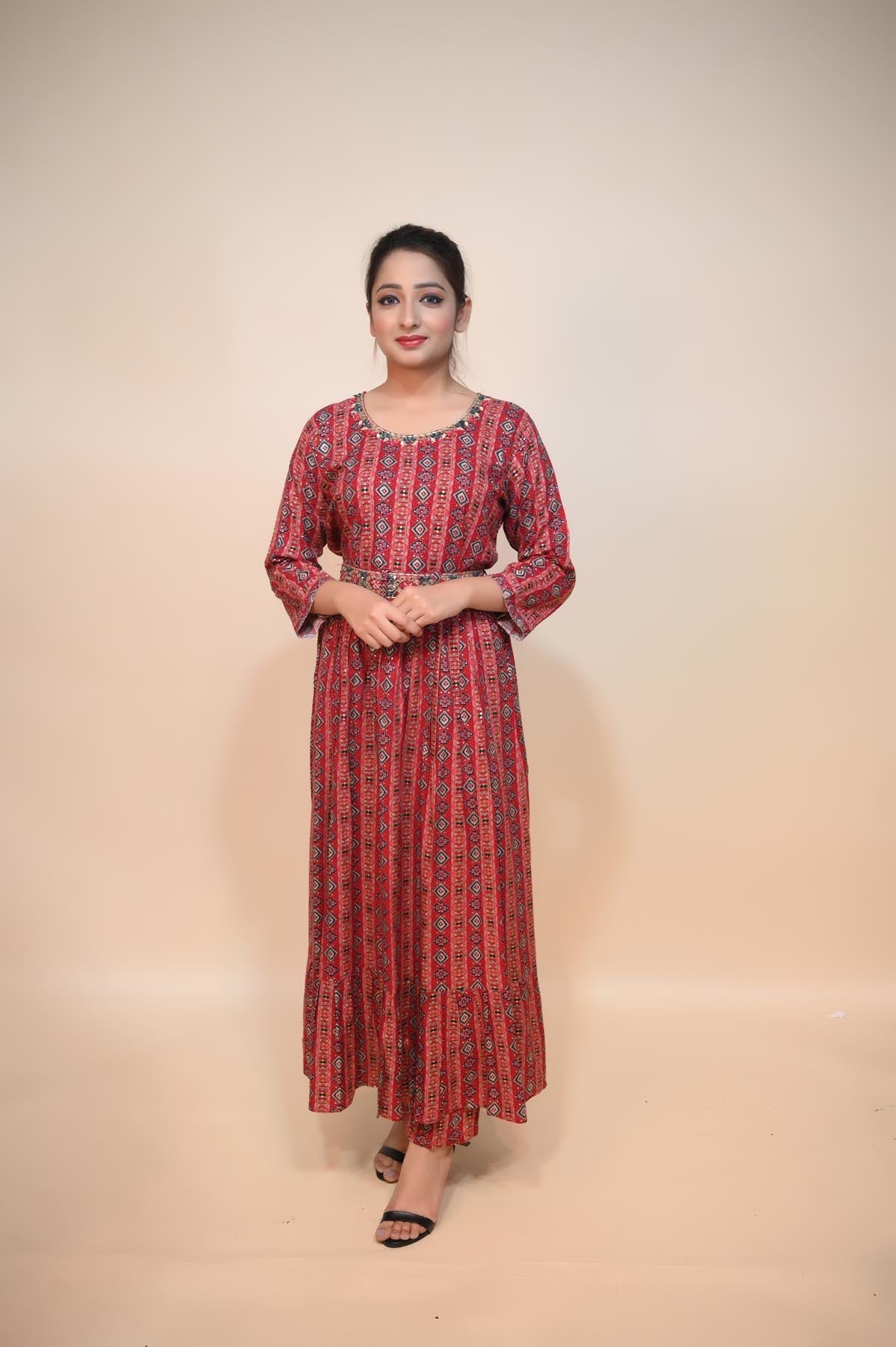 Elegant Red Rayon Suit with Gota, Thread Work, Cut Dana, and Beads