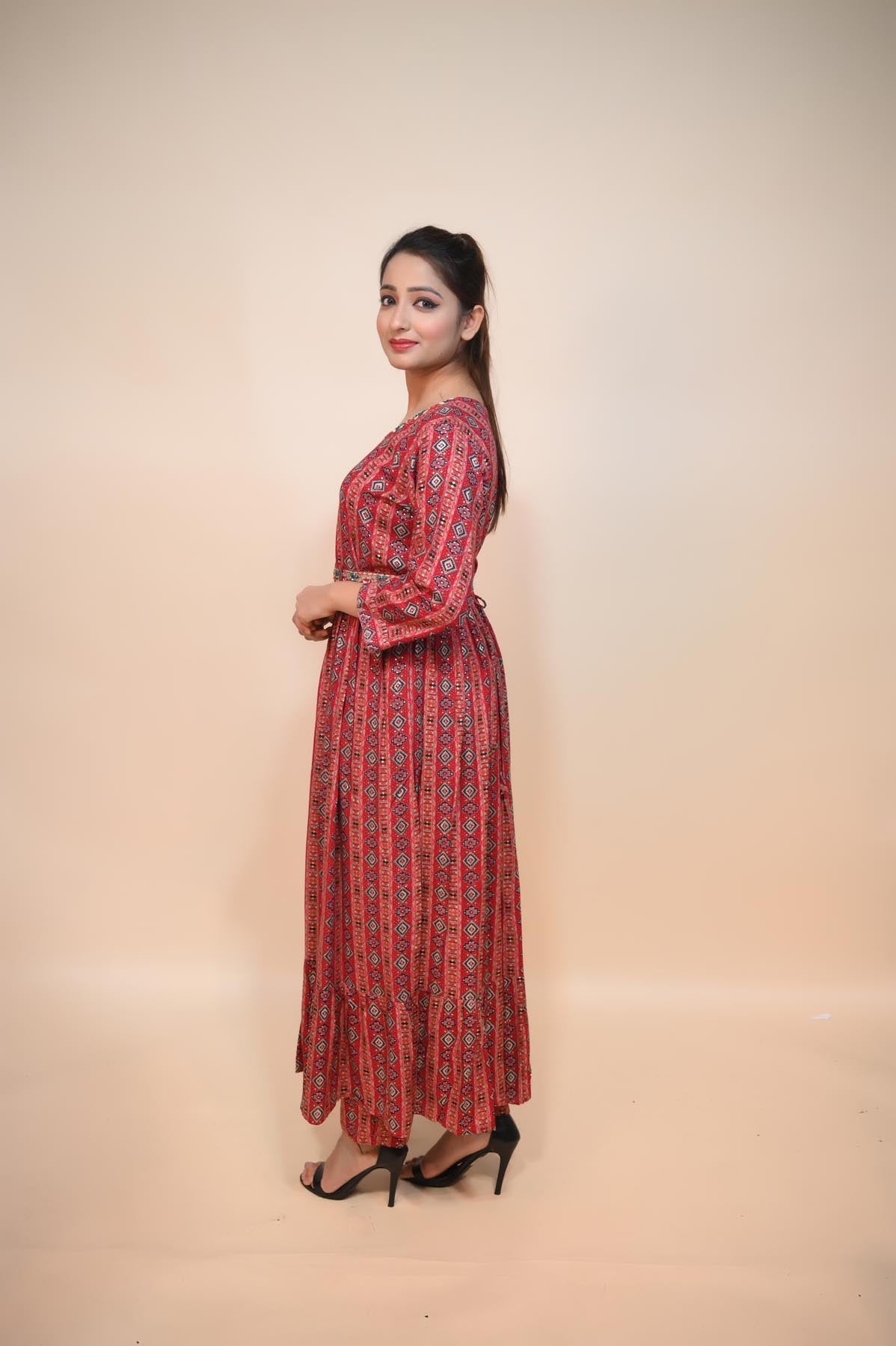 Elegant Red Rayon Suit with Gota, Thread Work, Cut Dana, and Beads