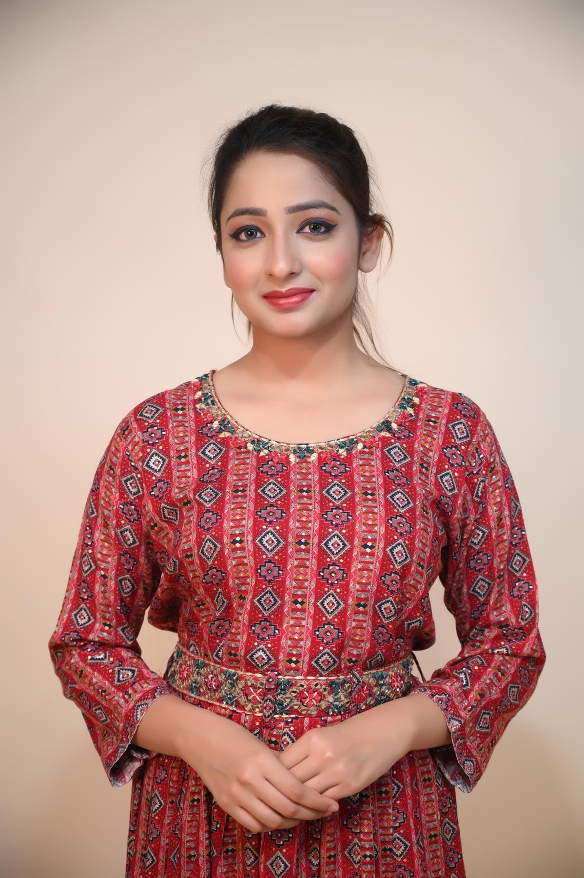 Elegant Red Rayon Suit with Gota, Thread Work, Cut Dana, and Beads