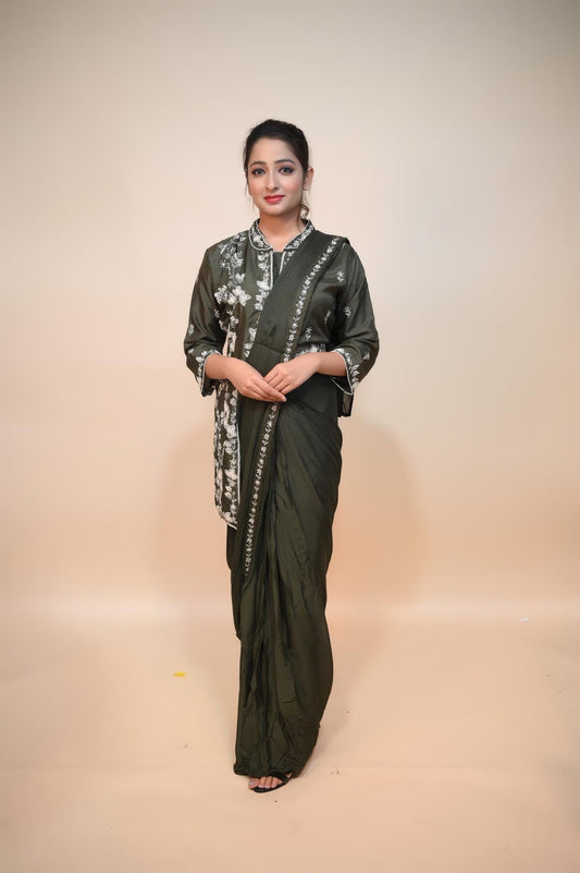 Mesmerizing Mehndi Green Raw Silk Dress: Exquisite Mirror Work, Cut Dana, and Sequin Embellishments"
