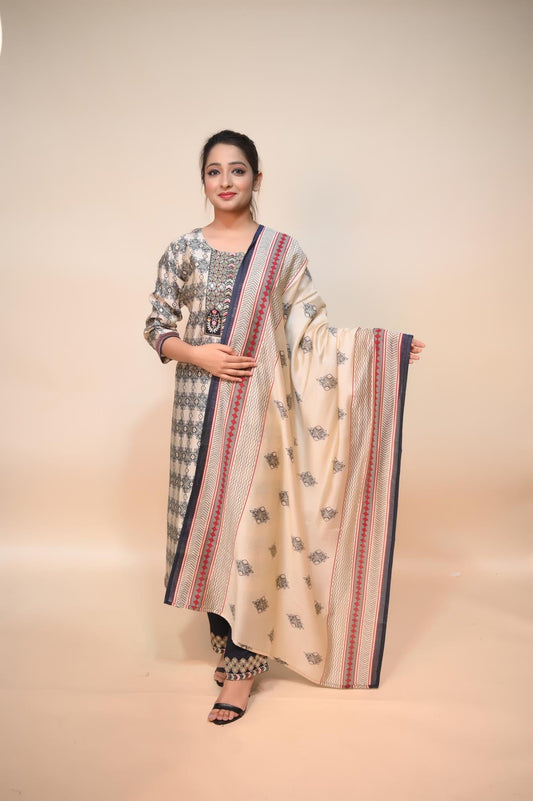 Enchanting White and Blue Silk Blend Suit: Sparkling Sequins and Intricate Thread Work