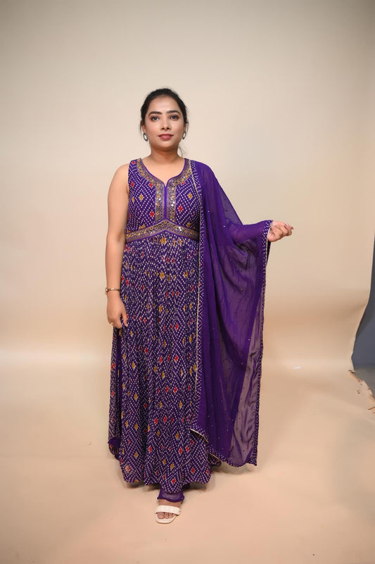 Stylish Blue Georgette Suit with Mirror Thread & Bandhej Print