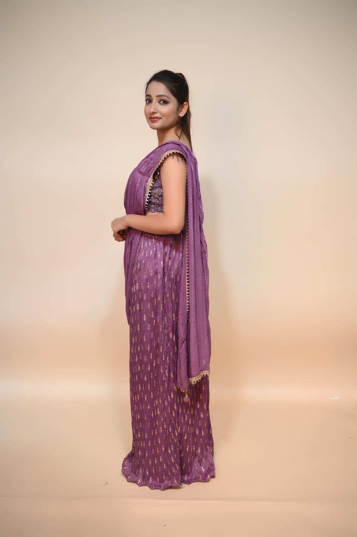 Elegant Purple Net Saree with Stone, Sequins, and Lace Embellishments