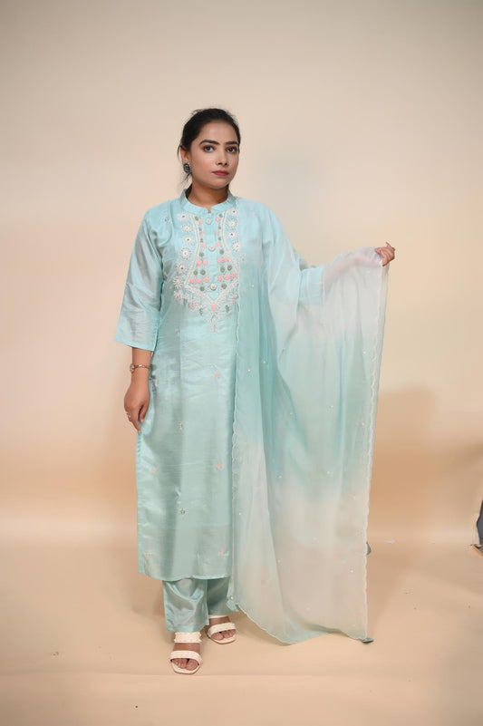 Stylish Sky Blue Silk Blend Suit with Moti, Cut Dana, and Sequins