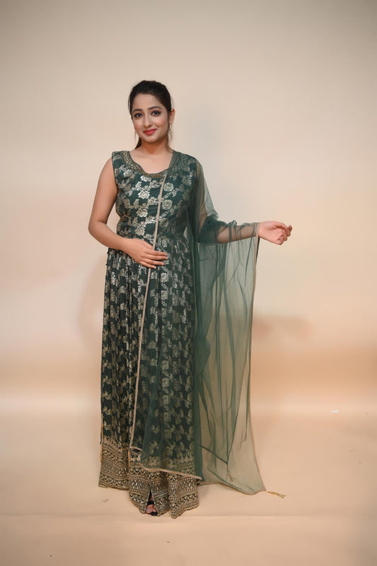 Trendy Dark Green Raw Silk Suit with Foil Print, Mirror, and Pipe Work