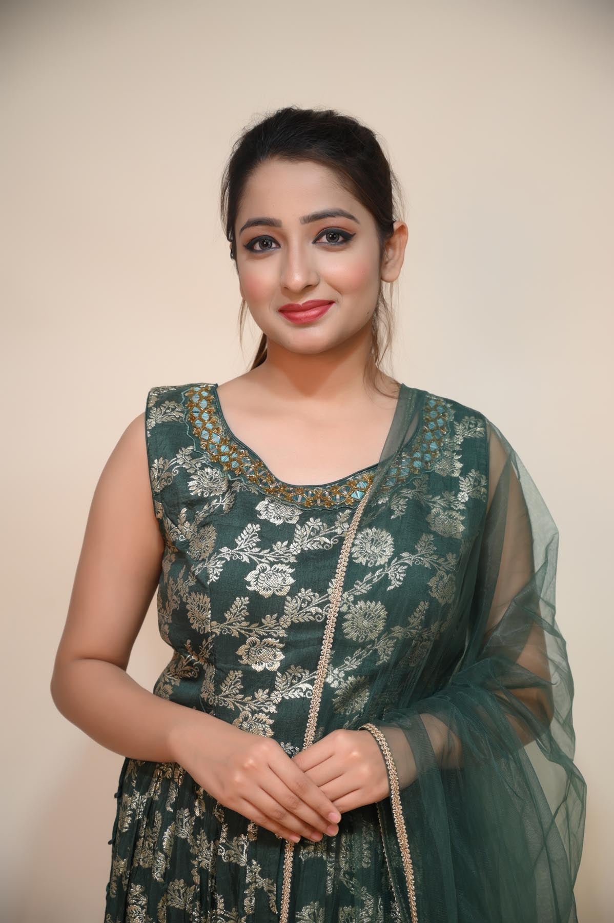 Trendy Dark Green Raw Silk Suit with Foil Print, Mirror, and Pipe Work