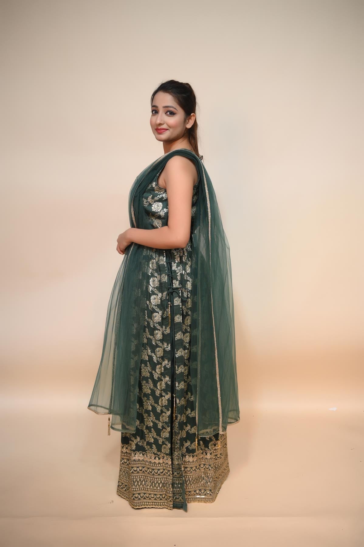 Trendy Dark Green Raw Silk Suit with Foil Print, Mirror, and Pipe Work