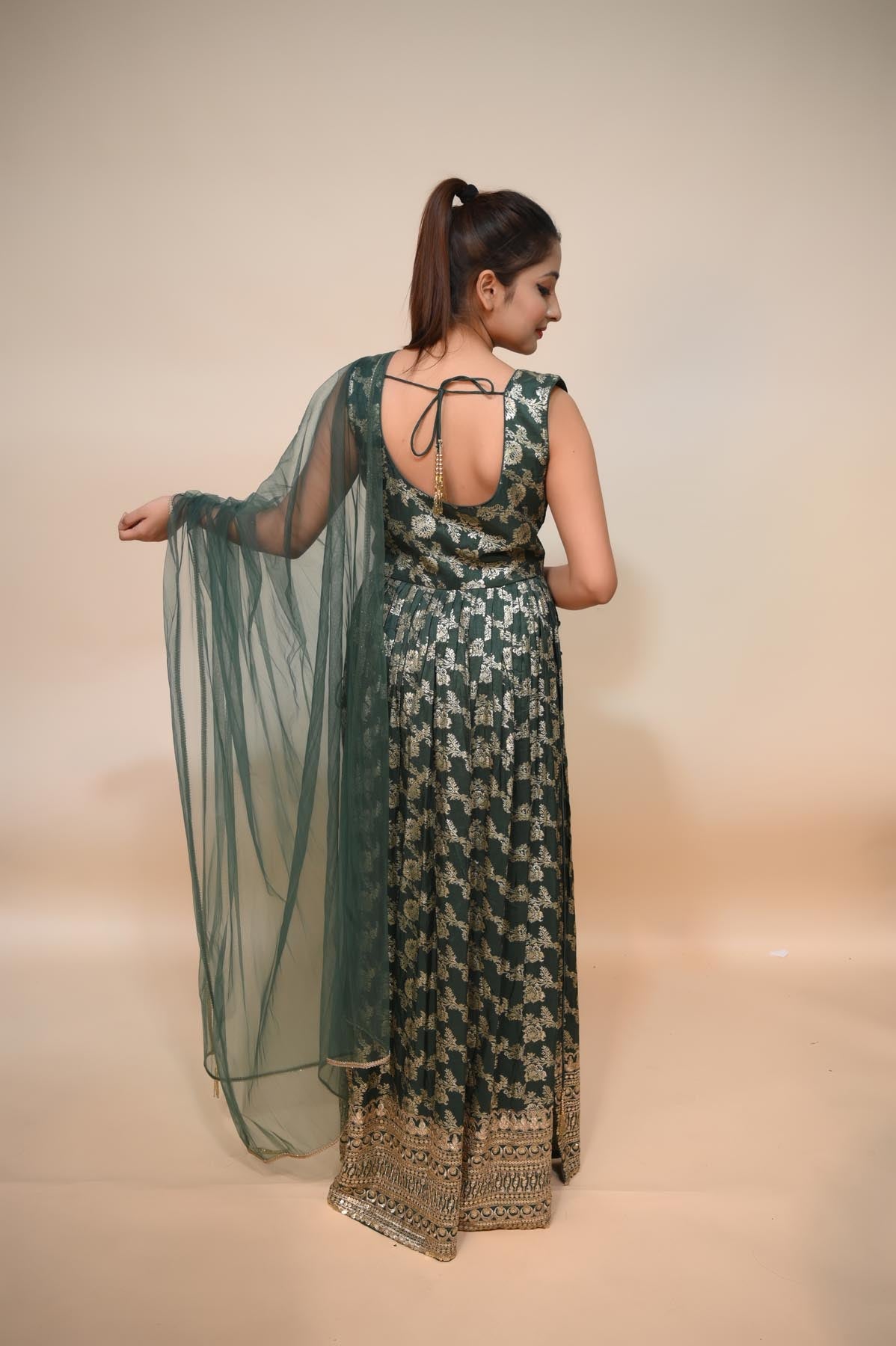 Trendy Dark Green Raw Silk Suit with Foil Print, Mirror, and Pipe Work