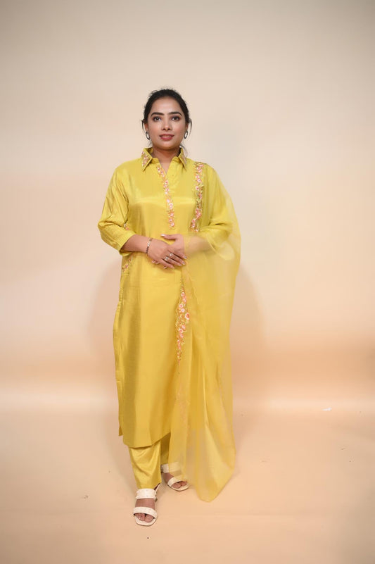 Effortlessly Elegant Light Yellow Crepe Suit with Resham and Kasab Work