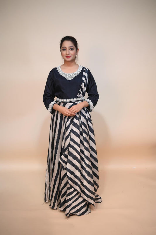 Timeless Elegance: White & Dark Blue Raw Silk Dress with Cut Dana, Moti, and Sequins