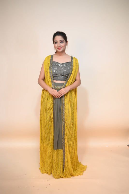 Stylish Green and Yellow Georgette Dress - Captivating Mirror Work and Cut Dana