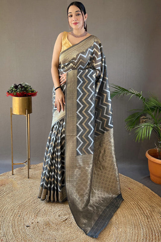 Flaunt Grey Cotton Silk Saree With Extraordinary Blouse Piece