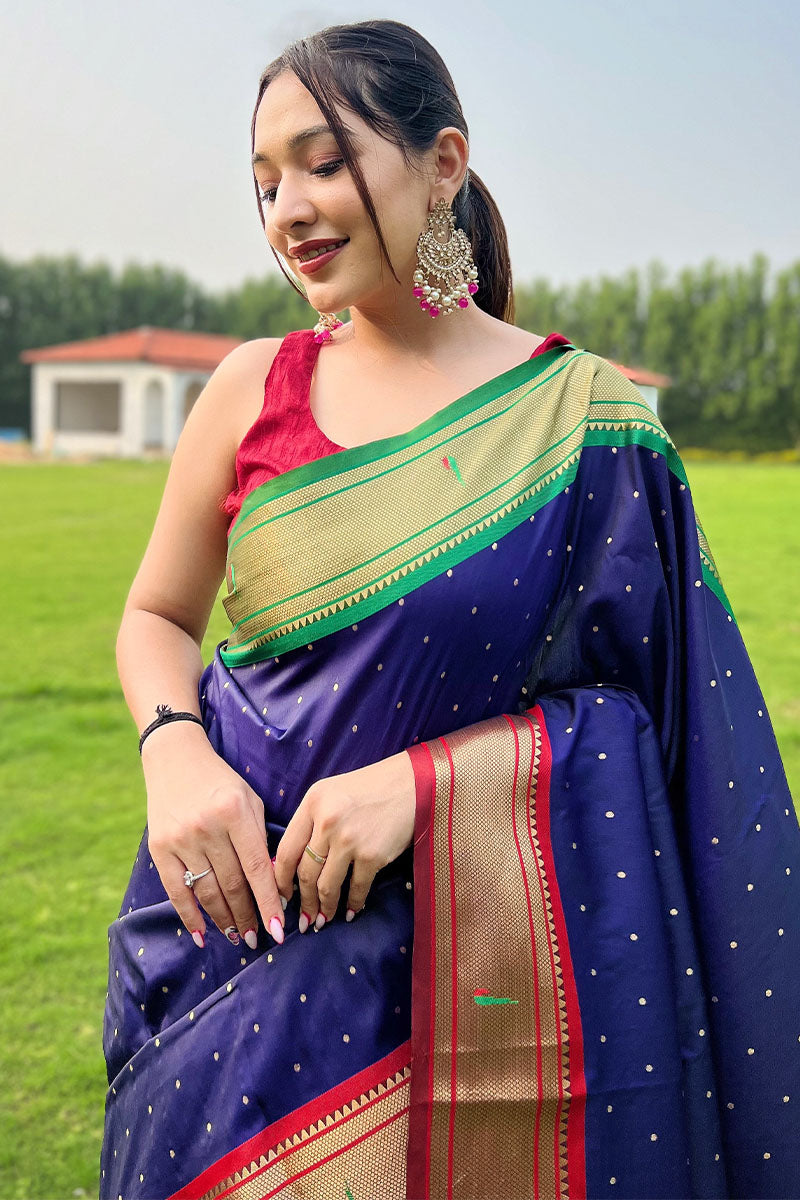 Beautiful Navy Blue Paithani Silk Saree With Desiring Blouse Piece