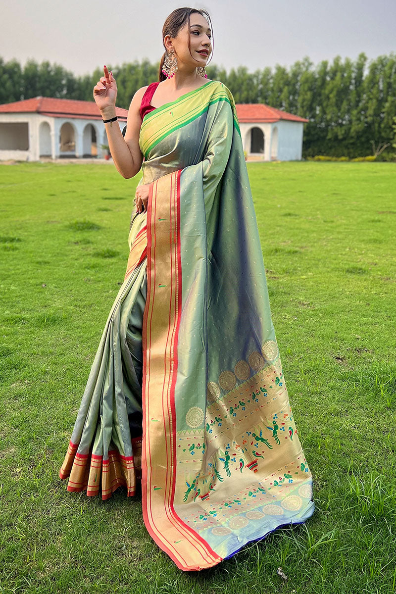 Blissful Pista Paithani Silk Saree With Adoring Blouse Piece