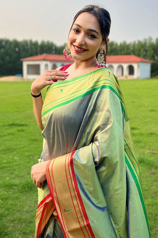 Blissful Pista Paithani Silk Saree With Adoring Blouse Piece