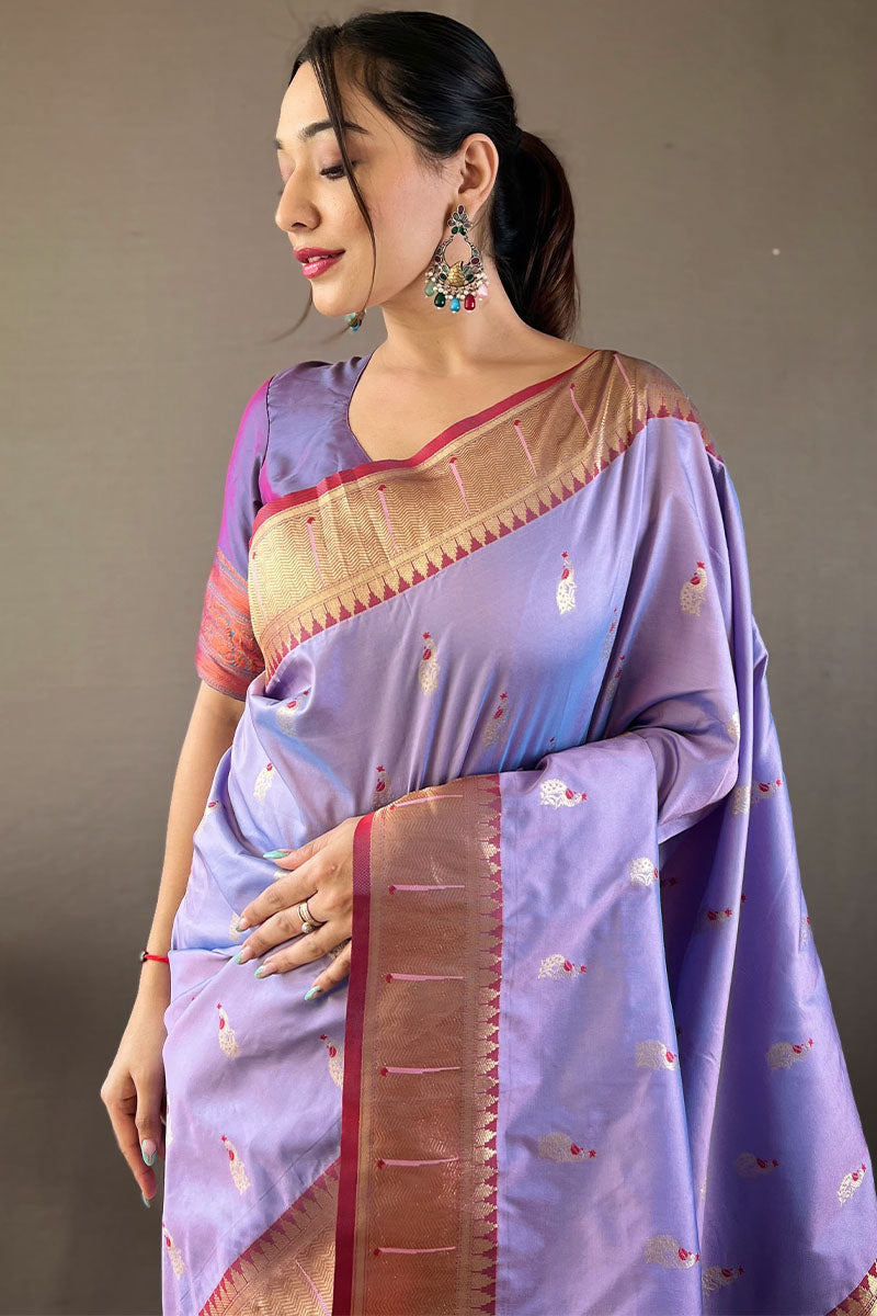 Sensational Lavender Paithani Silk Saree With Precious Blouse Piece