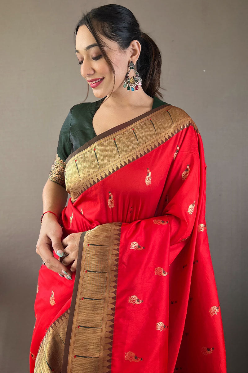 Classic Red Paithani Silk Saree With Bewitching Blouse Piece