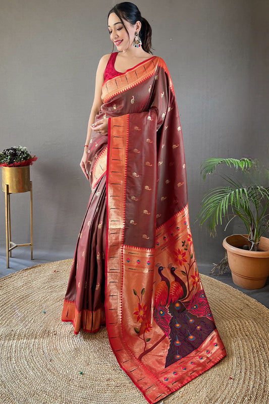Staggering Wine Paithani Silk Saree With Incredible Blouse Piece