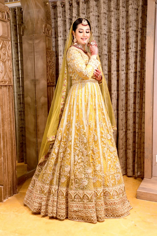 Adorable Yellow Color Floral Motif Hand-Embroidered Dress
