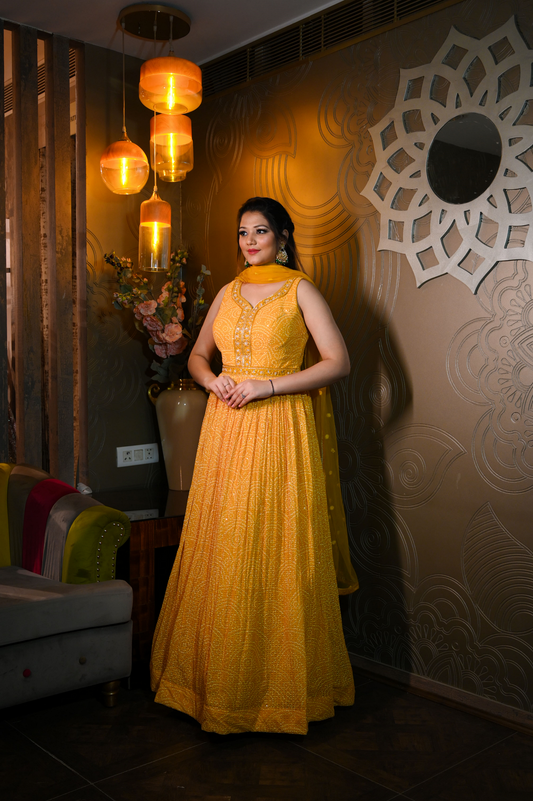 Trendy Yellow Color Bandhej Dress