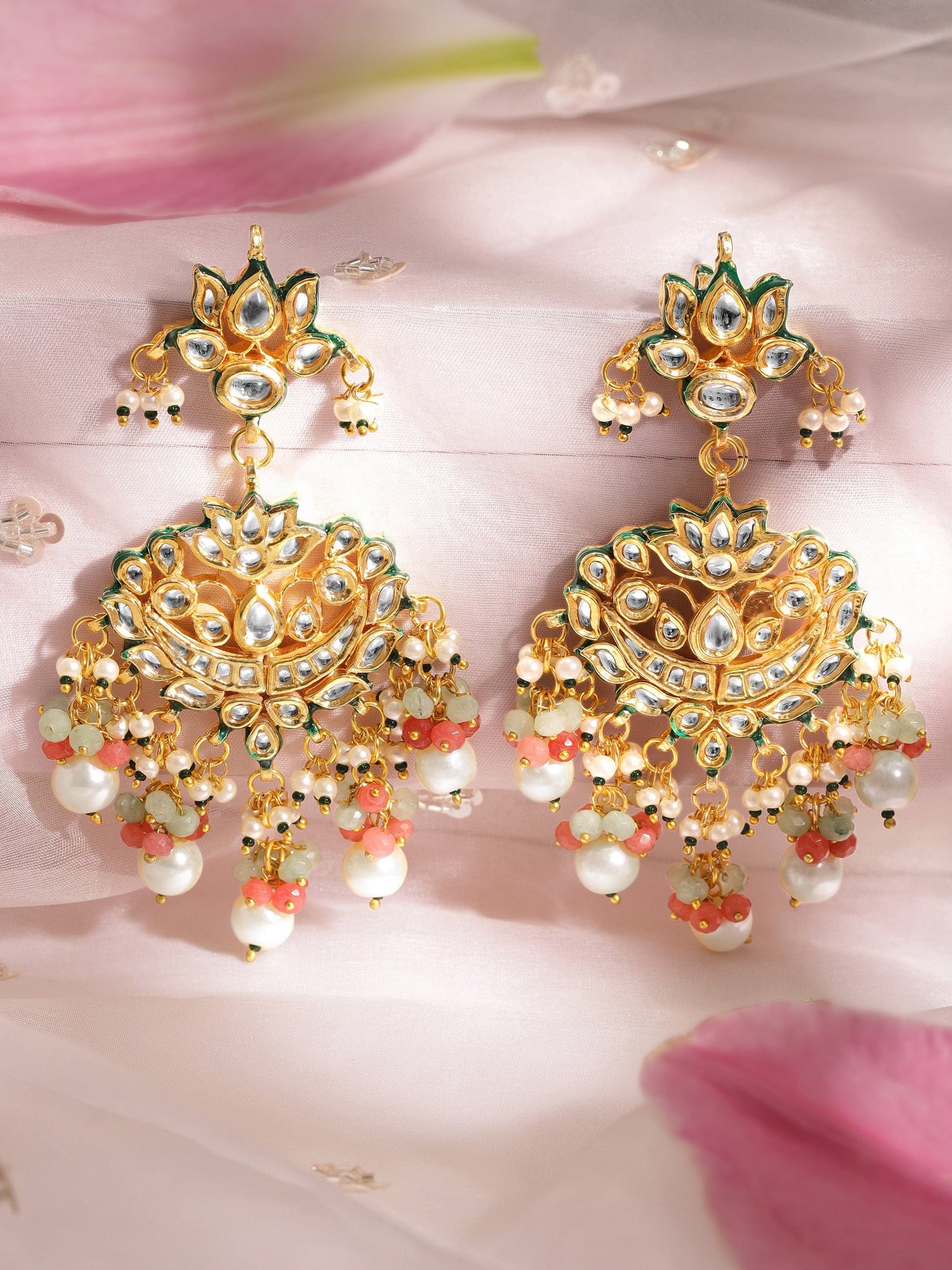 22K Gold plated Kundan crystal with baroque pearls and pastel beaded statement Regal Chandbali Earrings