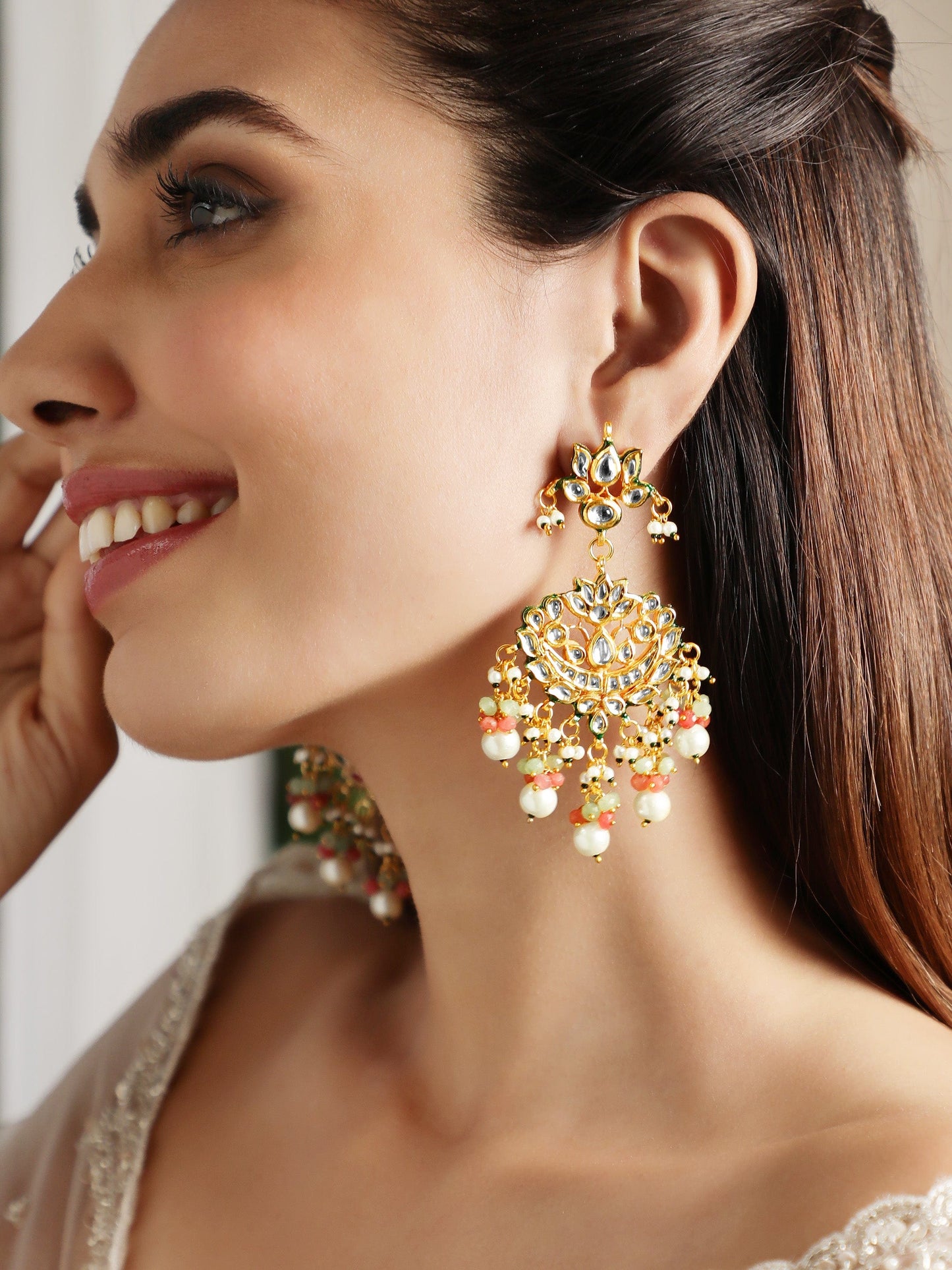 22K Gold plated Kundan crystal with baroque pearls and pastel beaded statement Regal Chandbali Earrings