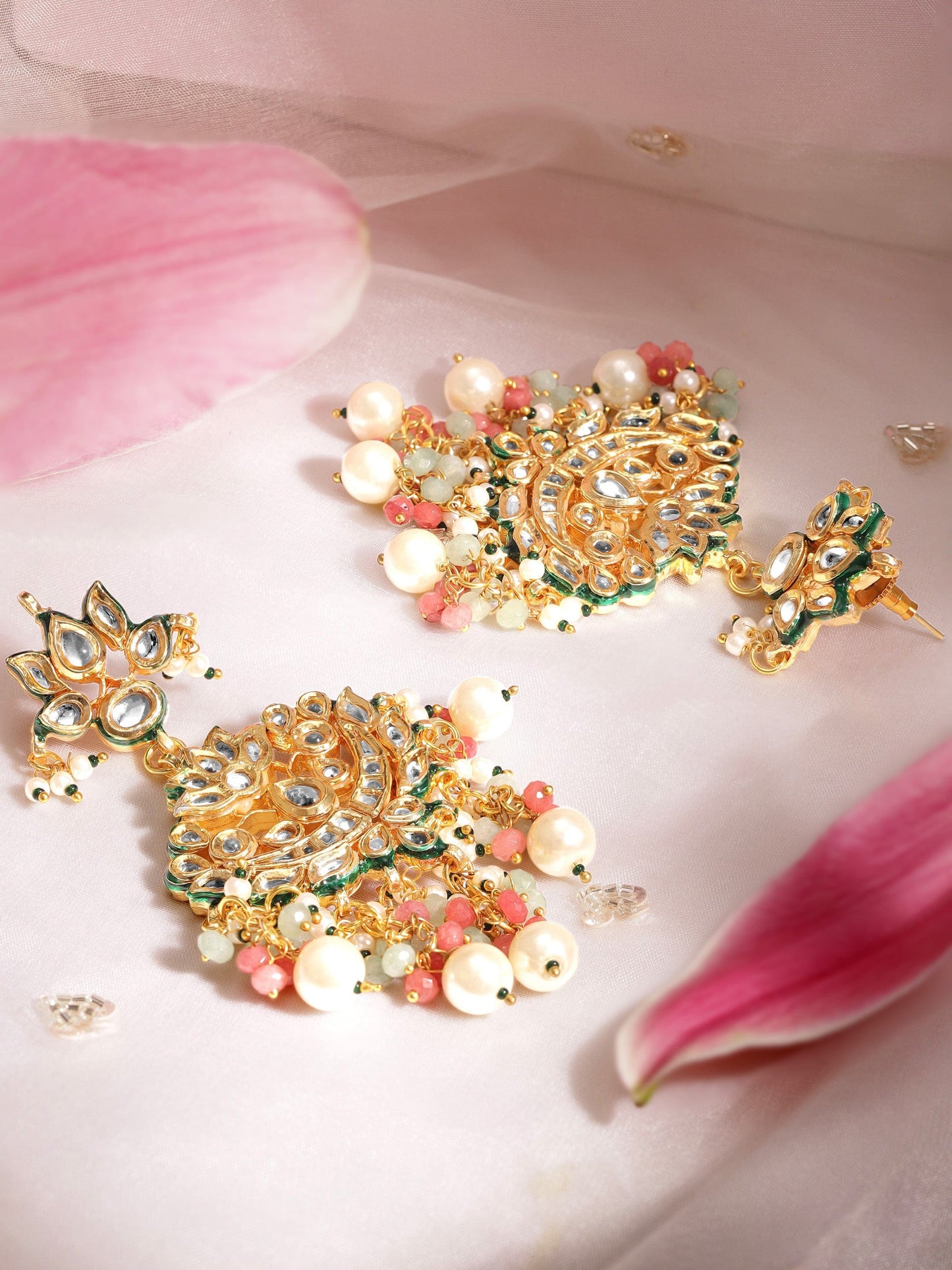 22K Gold plated Kundan crystal with baroque pearls and pastel beaded statement Regal Chandbali Earrings
