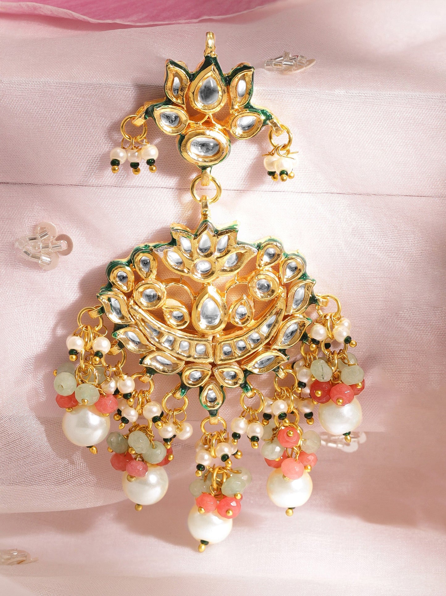 22K Gold plated Kundan crystal with baroque pearls and pastel beaded statement Regal Chandbali Earrings
