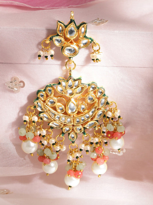 22K Gold plated Kundan crystal with baroque pearls and pastel beaded statement Regal Chandbali Earrings