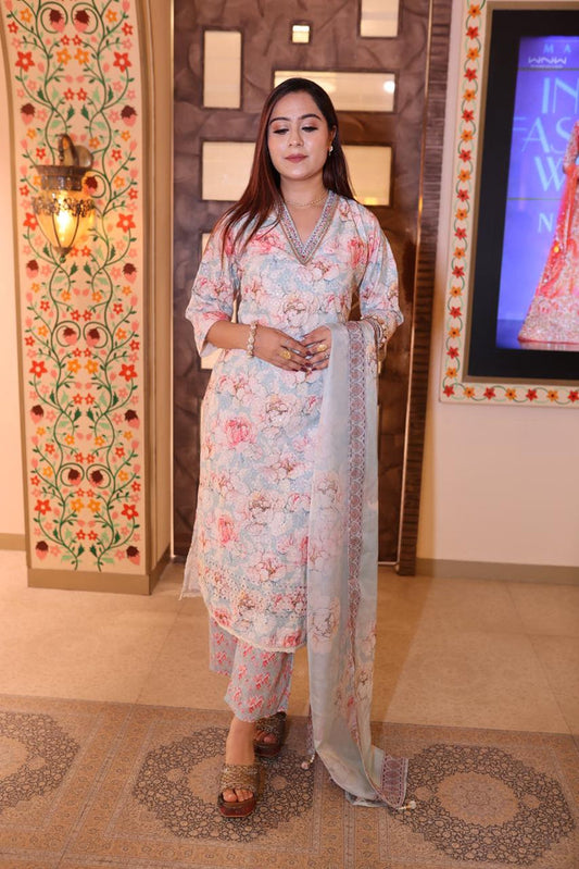 Powder Blue Cotton Kurti with Pant and Dupatta