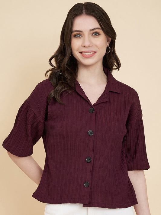 Casual Puff Sleeves Self Design Women Purple Top
