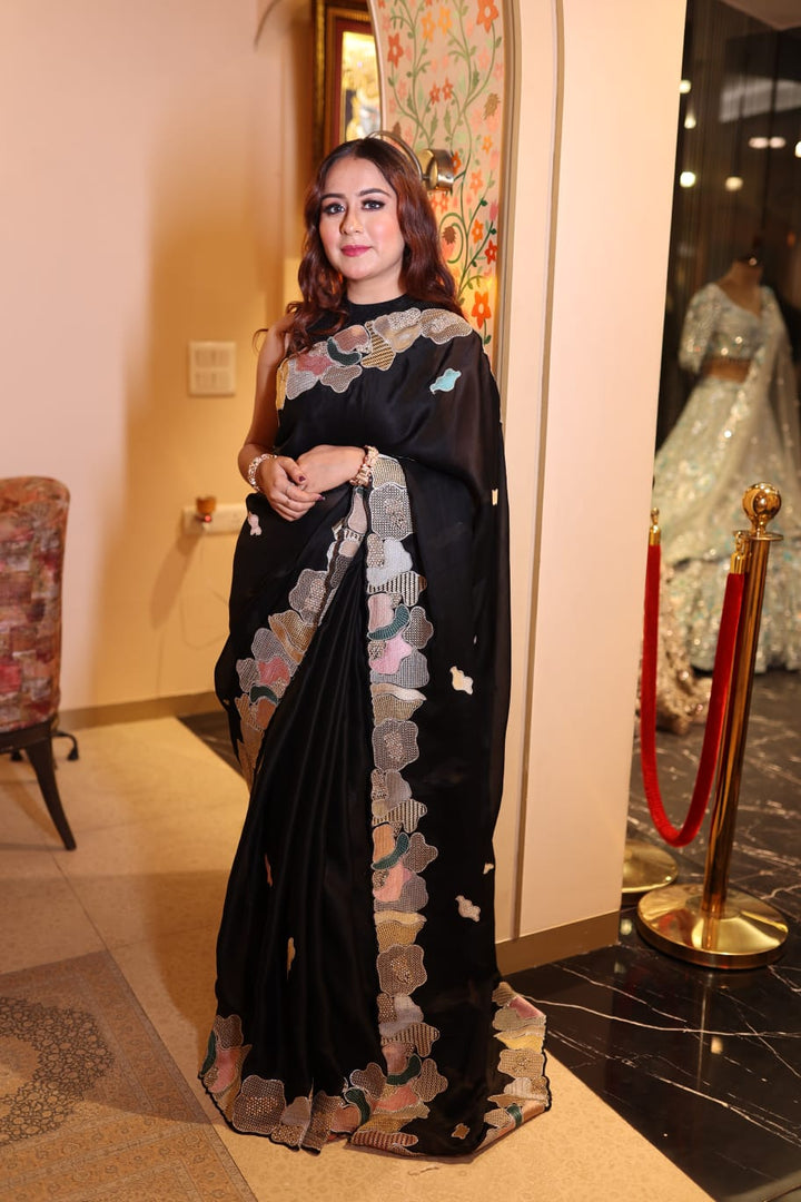Elegant Black Chinon Saree with Intricate Multicolor Embroidery