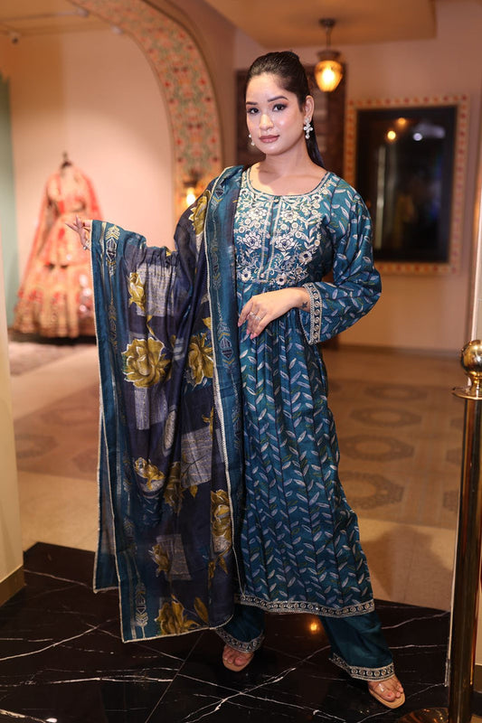 Elegant Blue Chinnon Long Kurti with Pant and Dupatta Set