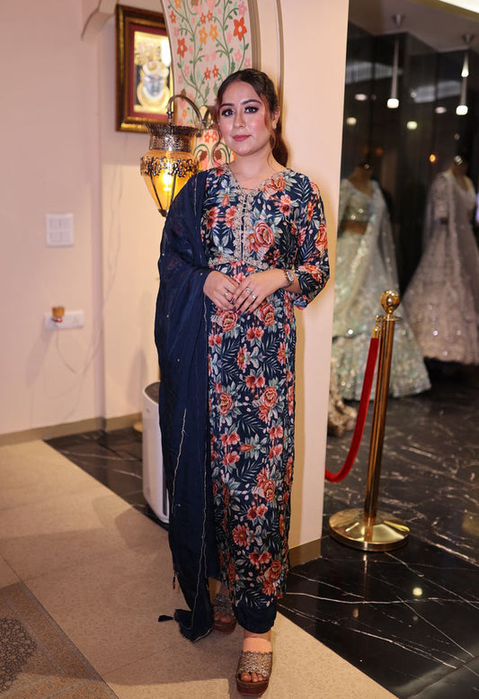 Elegant Navy Blue Chinnon Long Kurti with Pant and Dupatta Set