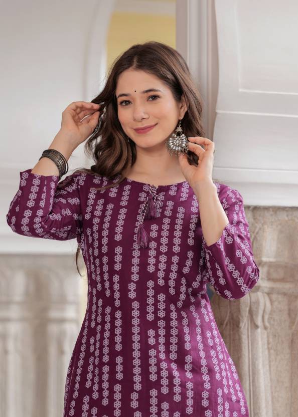 Women's Purple Floral Print Pure Cotton Straight Kurta