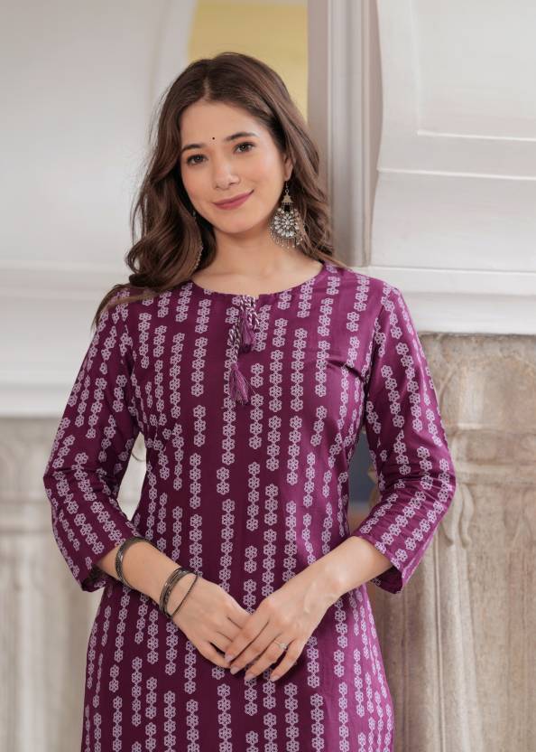 Women's Purple Floral Print Pure Cotton Straight Kurta