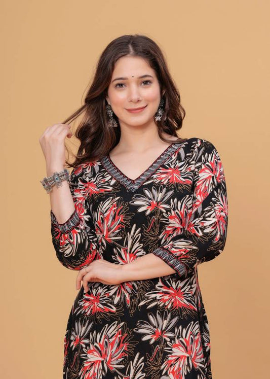 Women Black & Red Self Design Viscose Rayon Straight Kurta