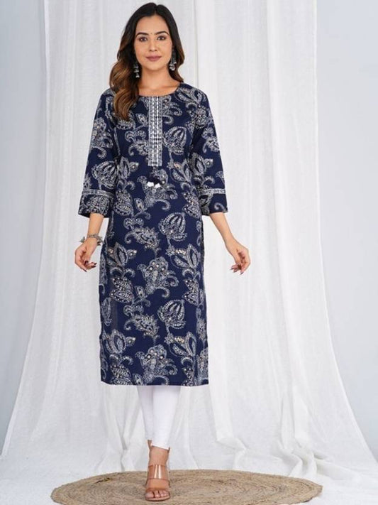 Women Black Printed Viscose Rayon Straight Kurta