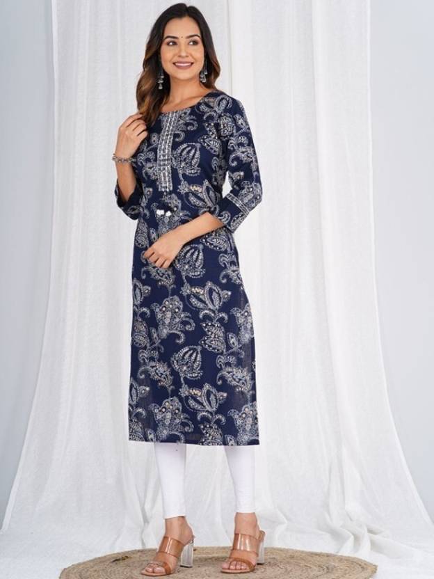 Women Black Printed Viscose Rayon Straight Kurta